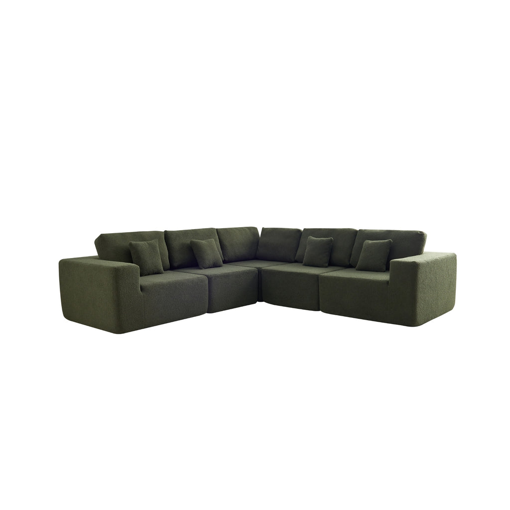 A forest green 5-seater modular sofa with a corner unit and two armrest ends, made with a low-profile and minimalistic design.