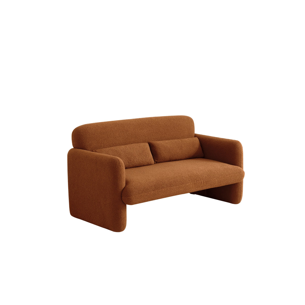 A brown two-seater sofa with a minimalist design, featuring a low profile and smooth lines, set against a white background.
