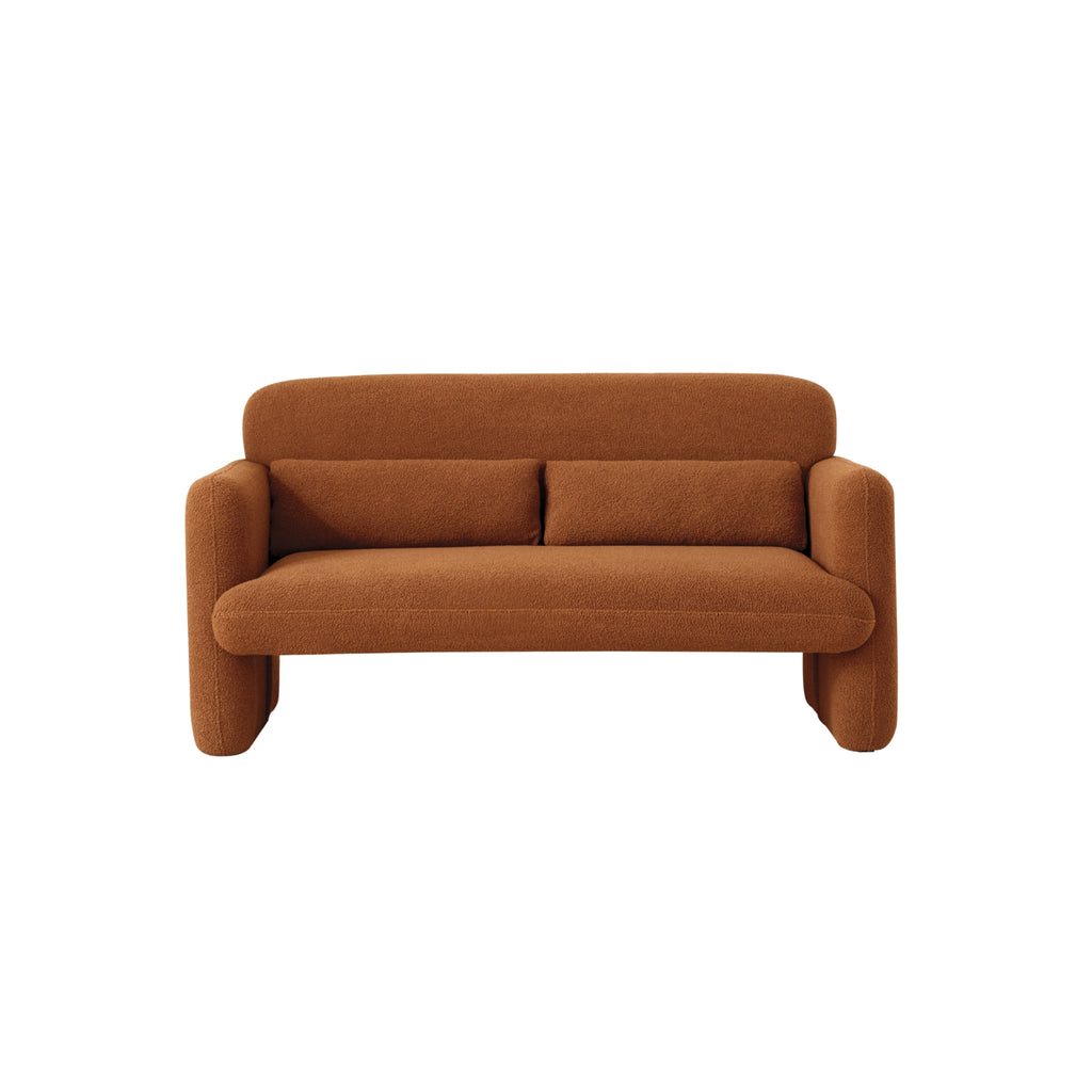 An amber two-seater sofa with a minimalist design, featuring a low profile and smooth lines, set against a white background.