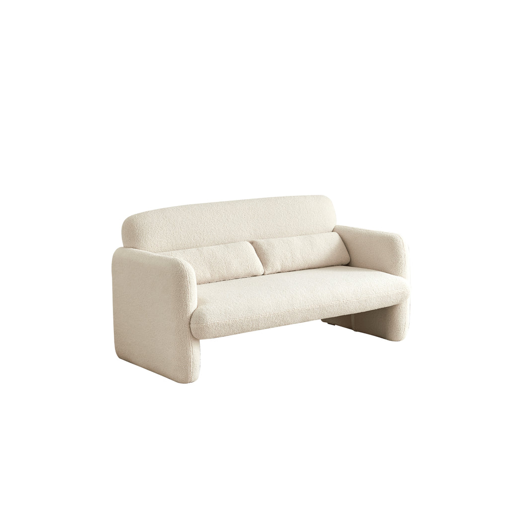 A beige-coloured two-seater sofa with a minimalist design, with a white background.