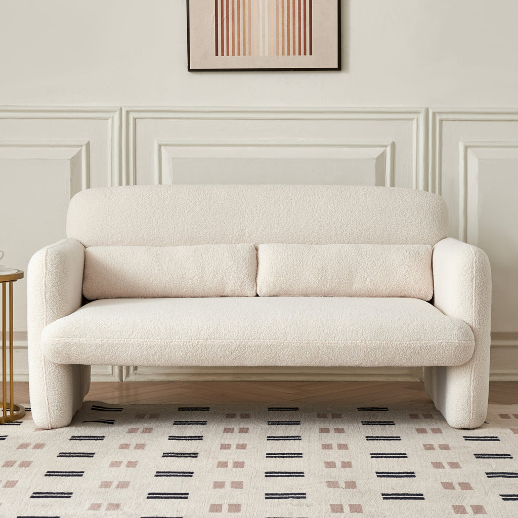 A beige-coloured two-seater sofa with a minimalist design in front view.