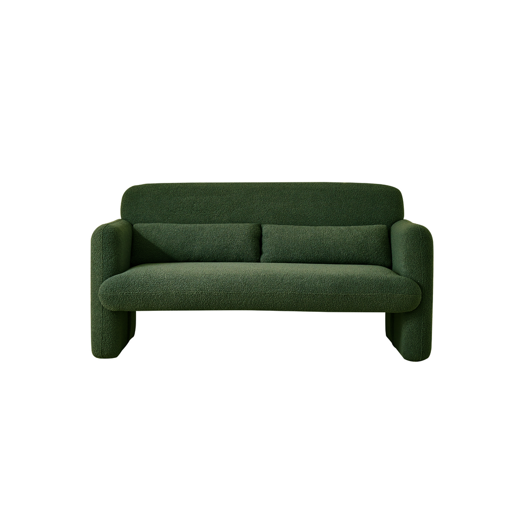 A forest green two-seater sofa with a minimalist design, featuring a low profile and sleek silhouette, made with synthetic lambswool upholstery.