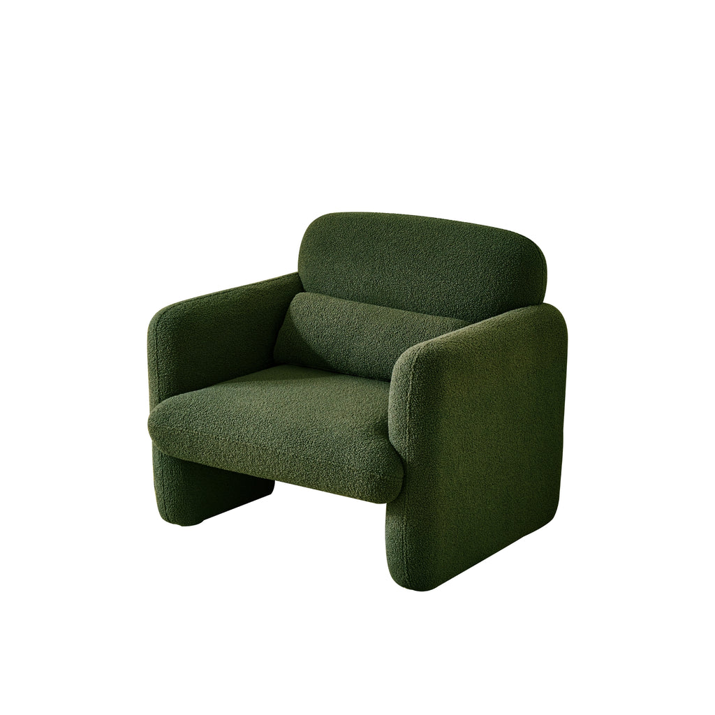 An image featuring a forest green armchair with a minimalist design, showing its profile with a focus on its shape and colour.