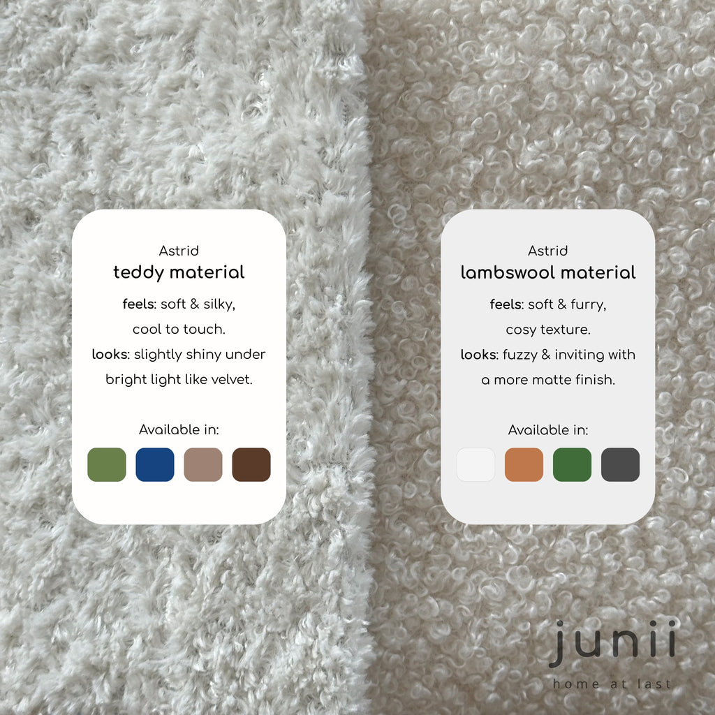 Textiles with Astrid teddy and lambswool material descriptions and colour swatches on a textured background.