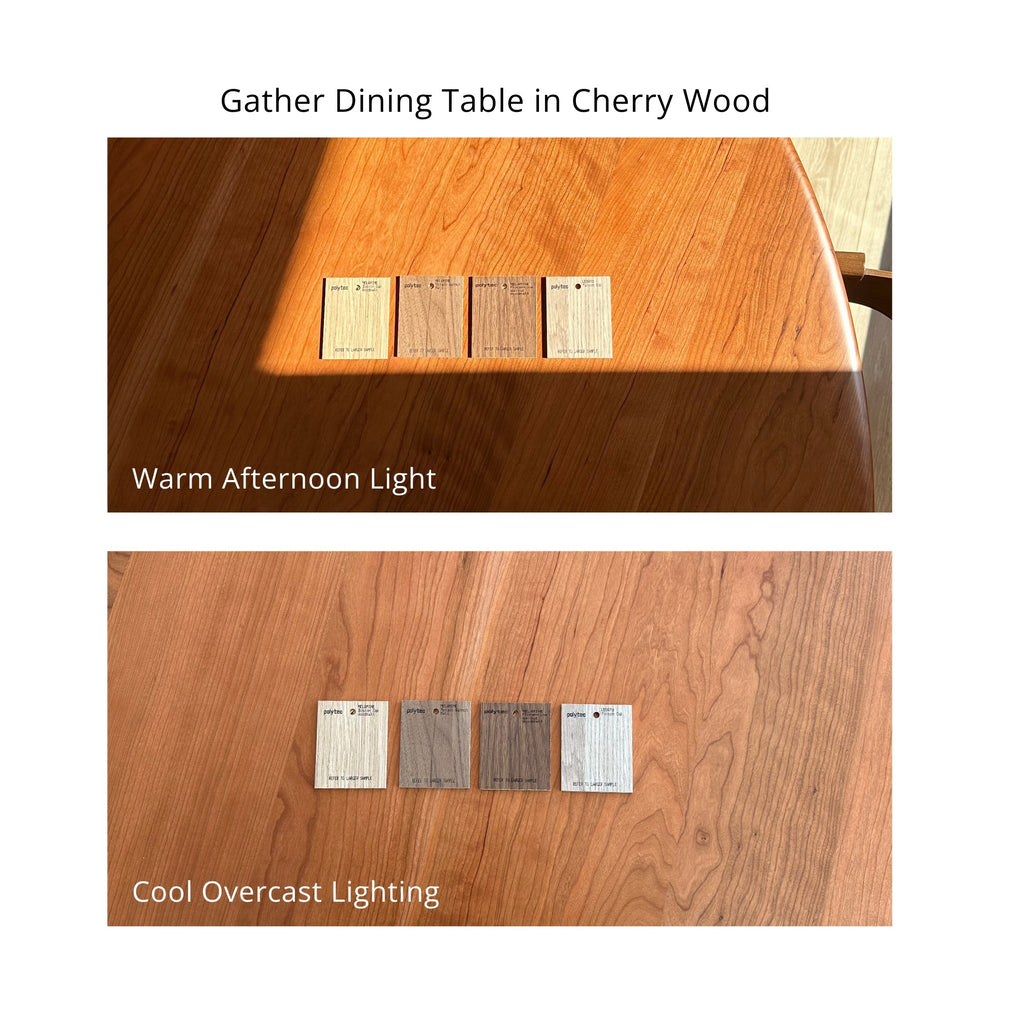 Gather Dining Table in cherry wood in warm afternoon light and cool overcast lighting 