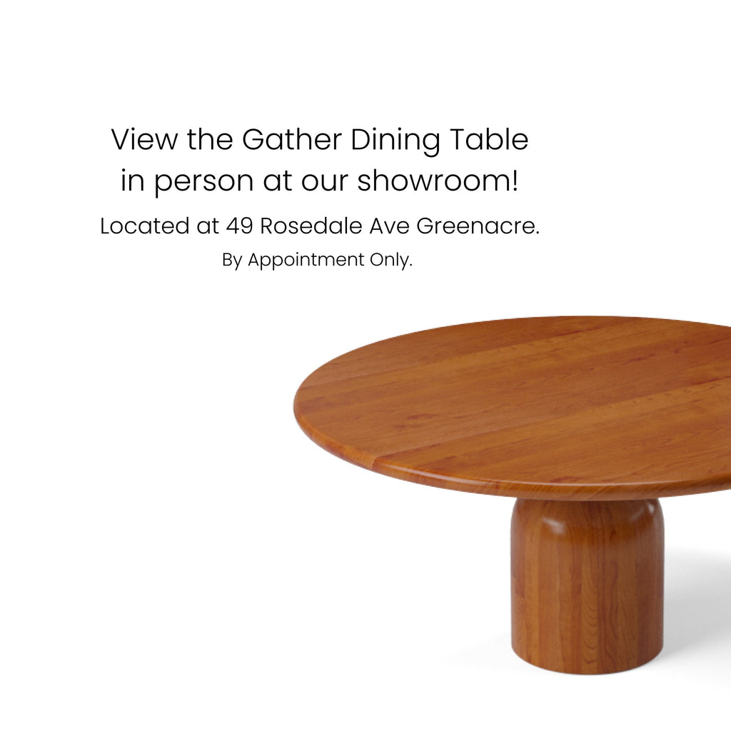 Gather Dining Table in Cherry Wood in person at the showroom