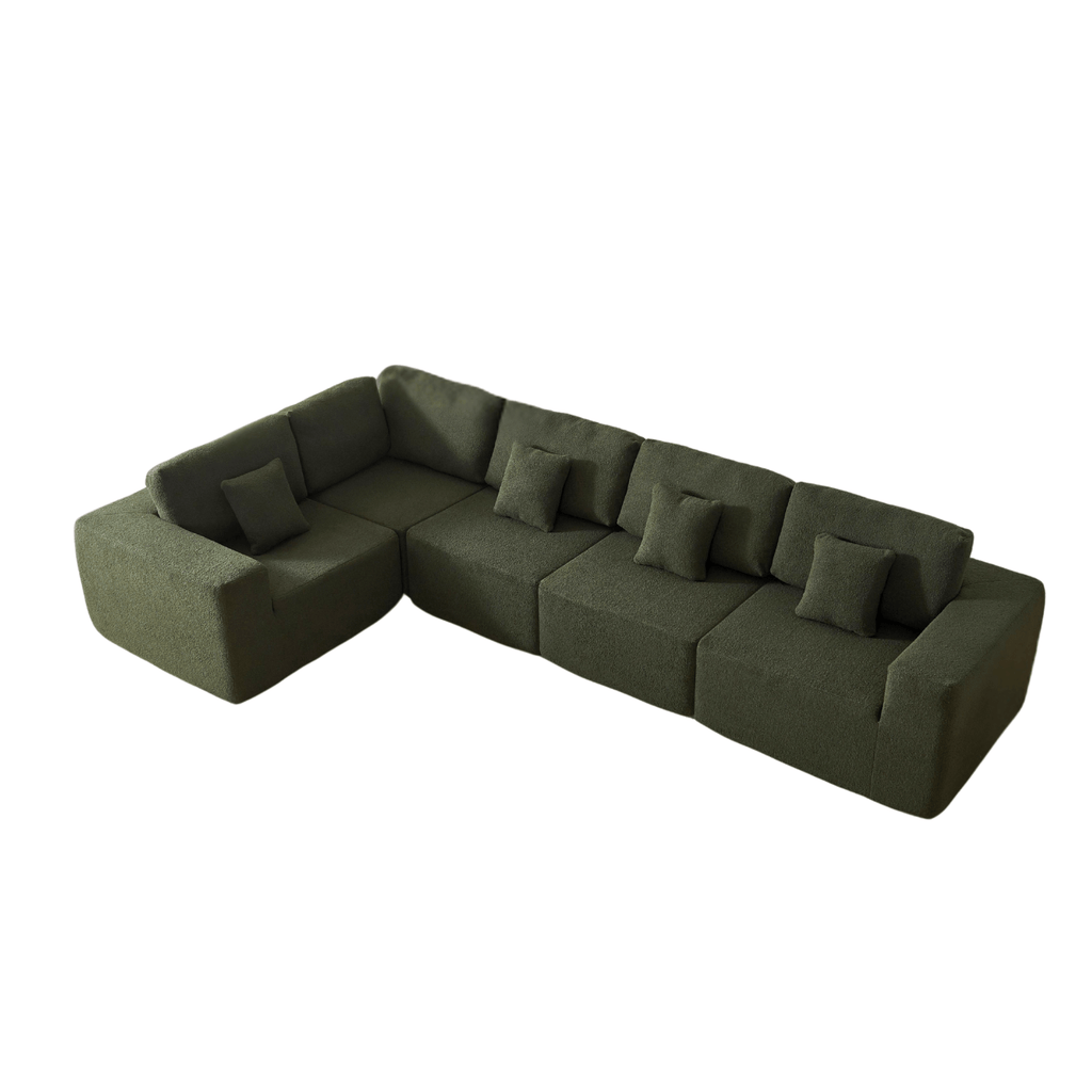A top view forest green 5-seater modular sofa with a corner unit and two armrest ends, made with a low-profile and minimalistic design.