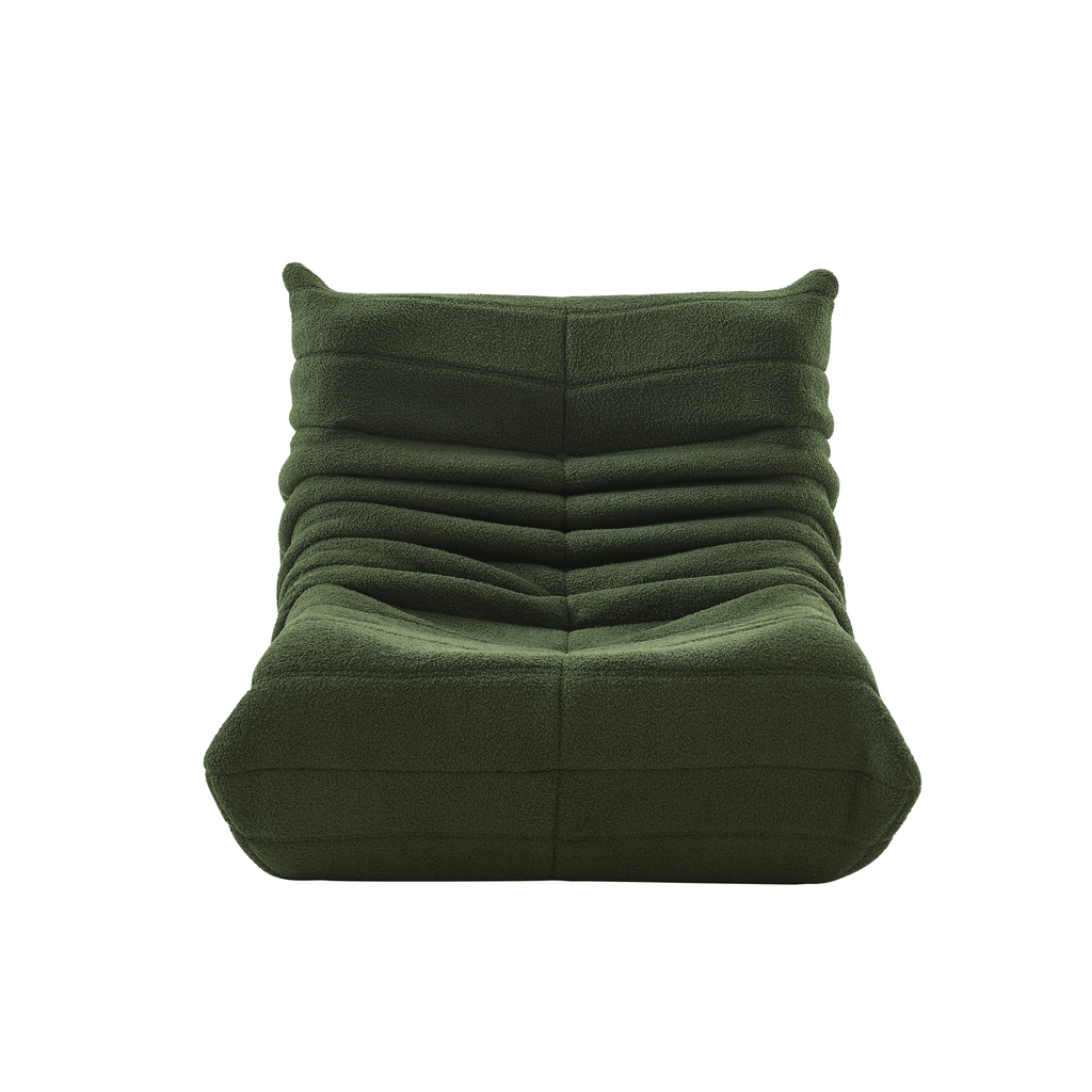 A front view forest green, low-profile, curved single sofa with a plush, synthetic lambswool upholstery and a comfortable foam filling.