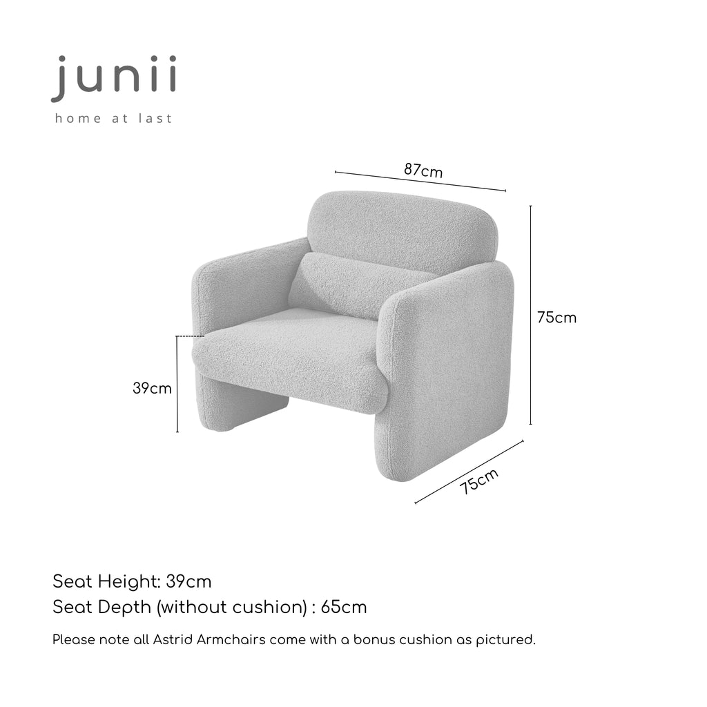 Armchair with dimensions labelled on a white background, featuring the 'junii' brand.
