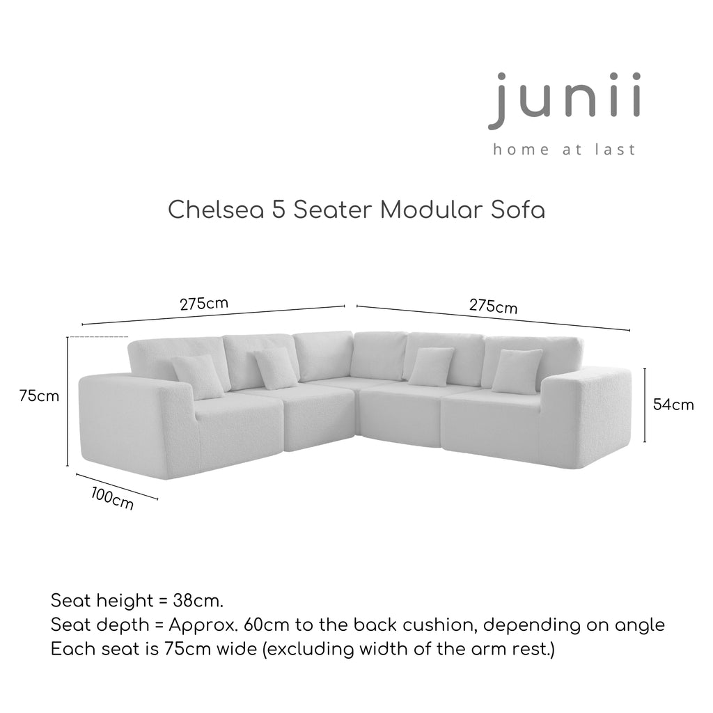 Measurement chart for the junii Chelsea 5 Seater Modular Sofa with dimensions on a white background.