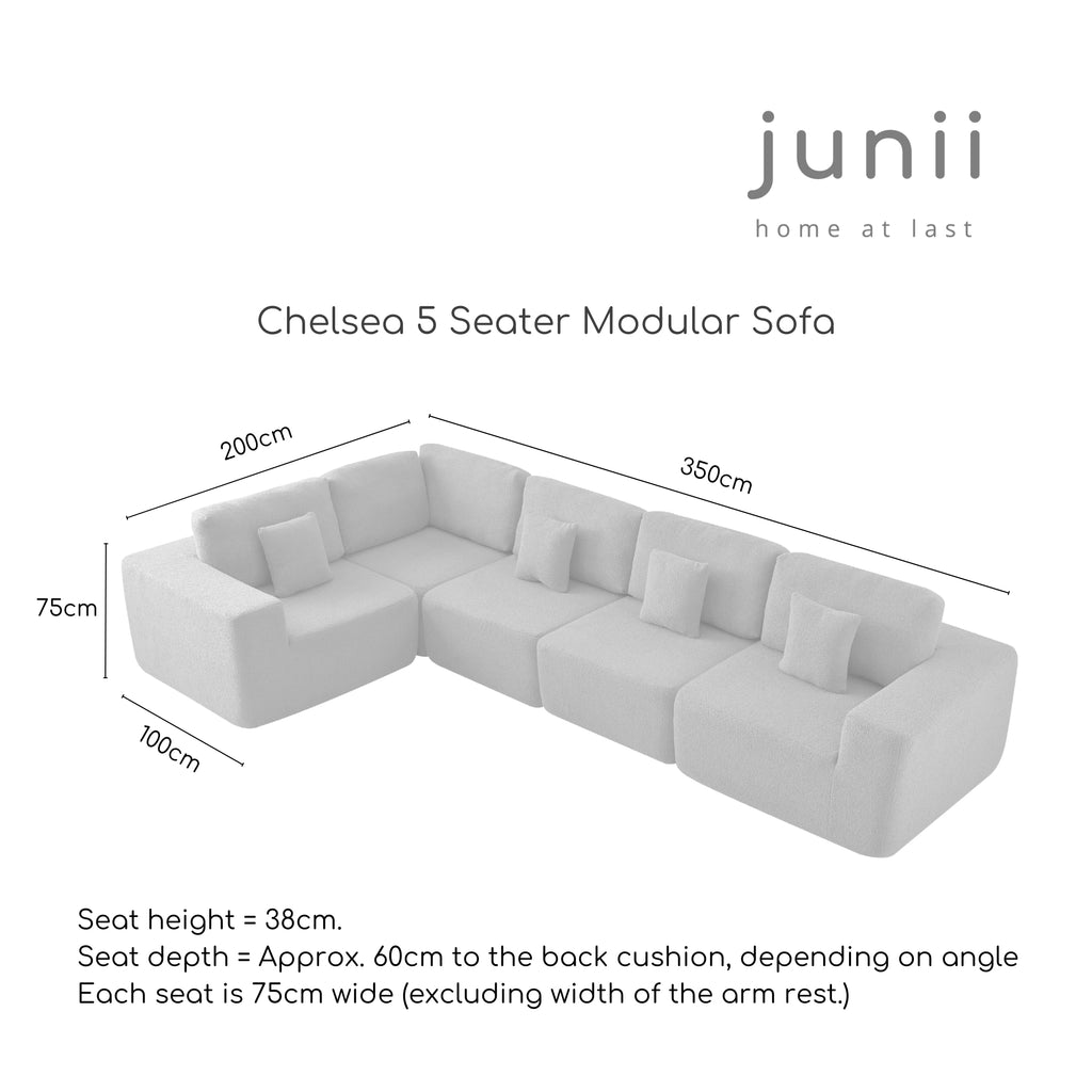 Measurement chart for the junii Chelsea 5 Seater Modular Sofa on a white background