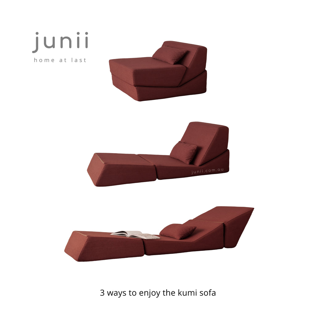 Maroon modular sofa with 'junii' branding on a white background