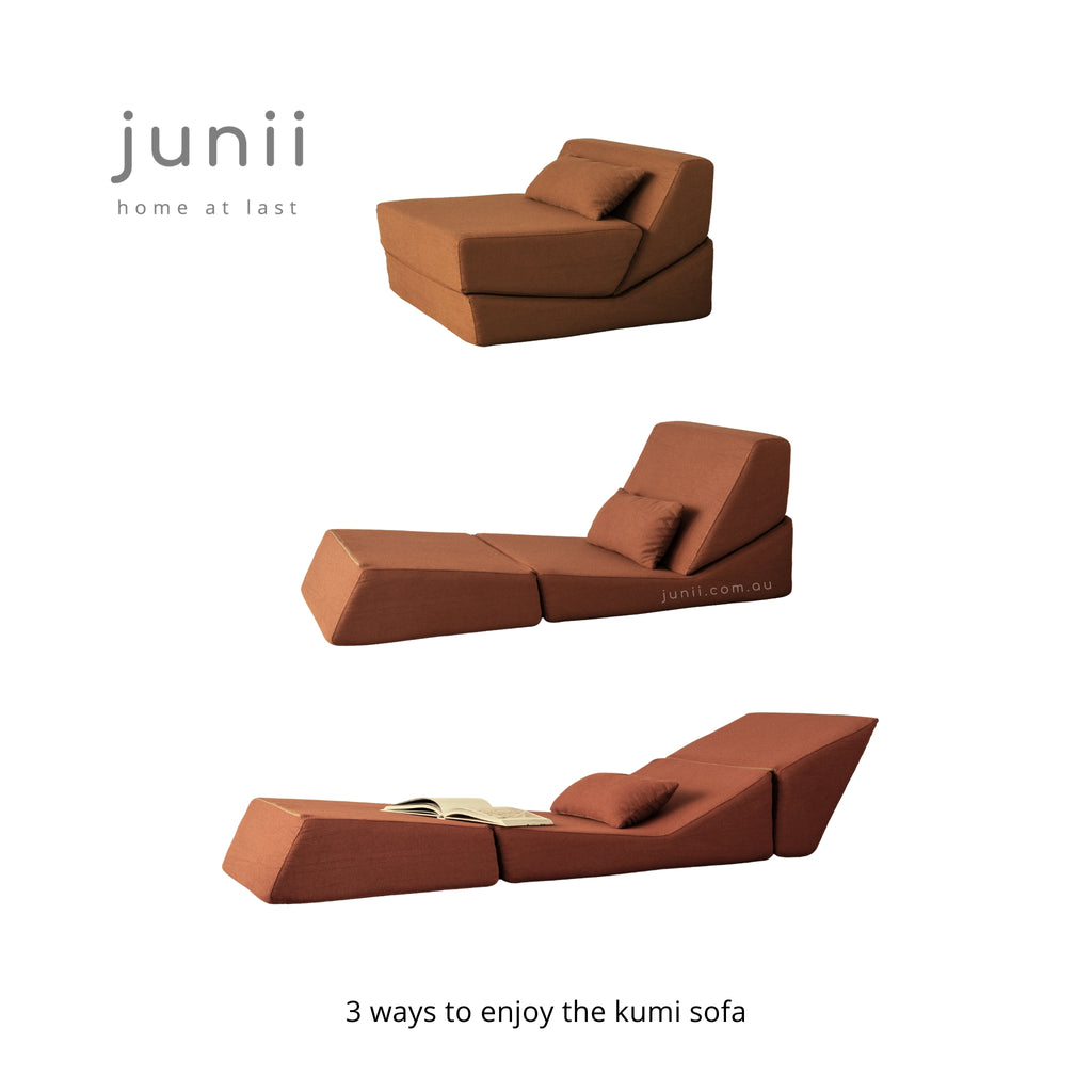 Terracotta modular sofa with 'junii' branding on a white background
