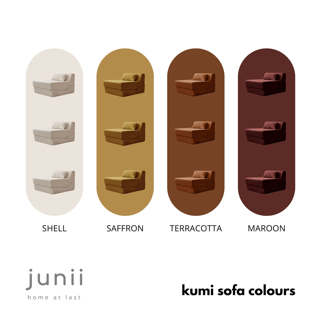 Colour swatches for a sofa with 'junii' branding and colour names.