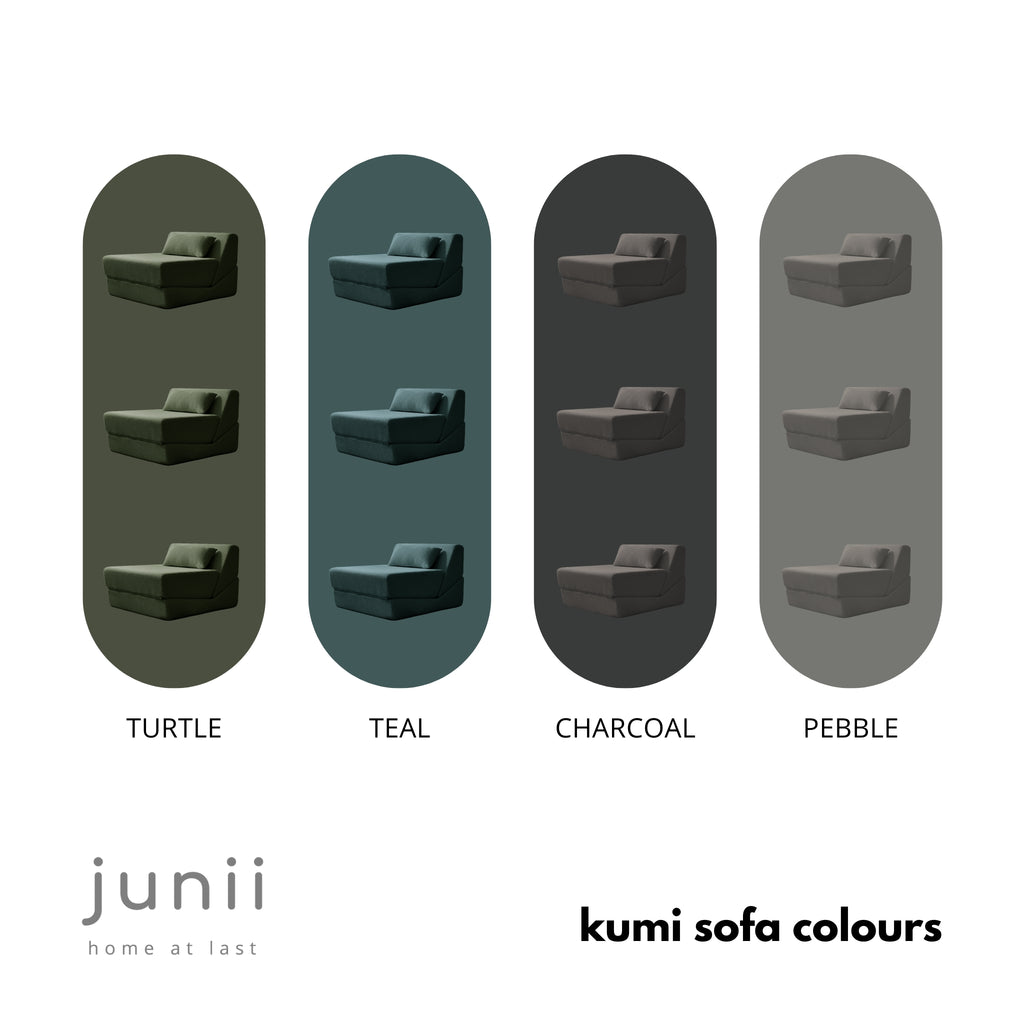 Colour swatches of a sofa labelled 'Turtle', 'Teal', 'Charcoal', and 'Pebble' with 'junii' branding.