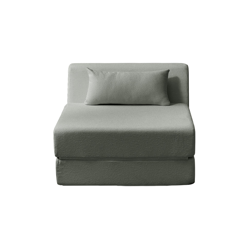 Pebble grey sofa bed with a pillow on a white background
