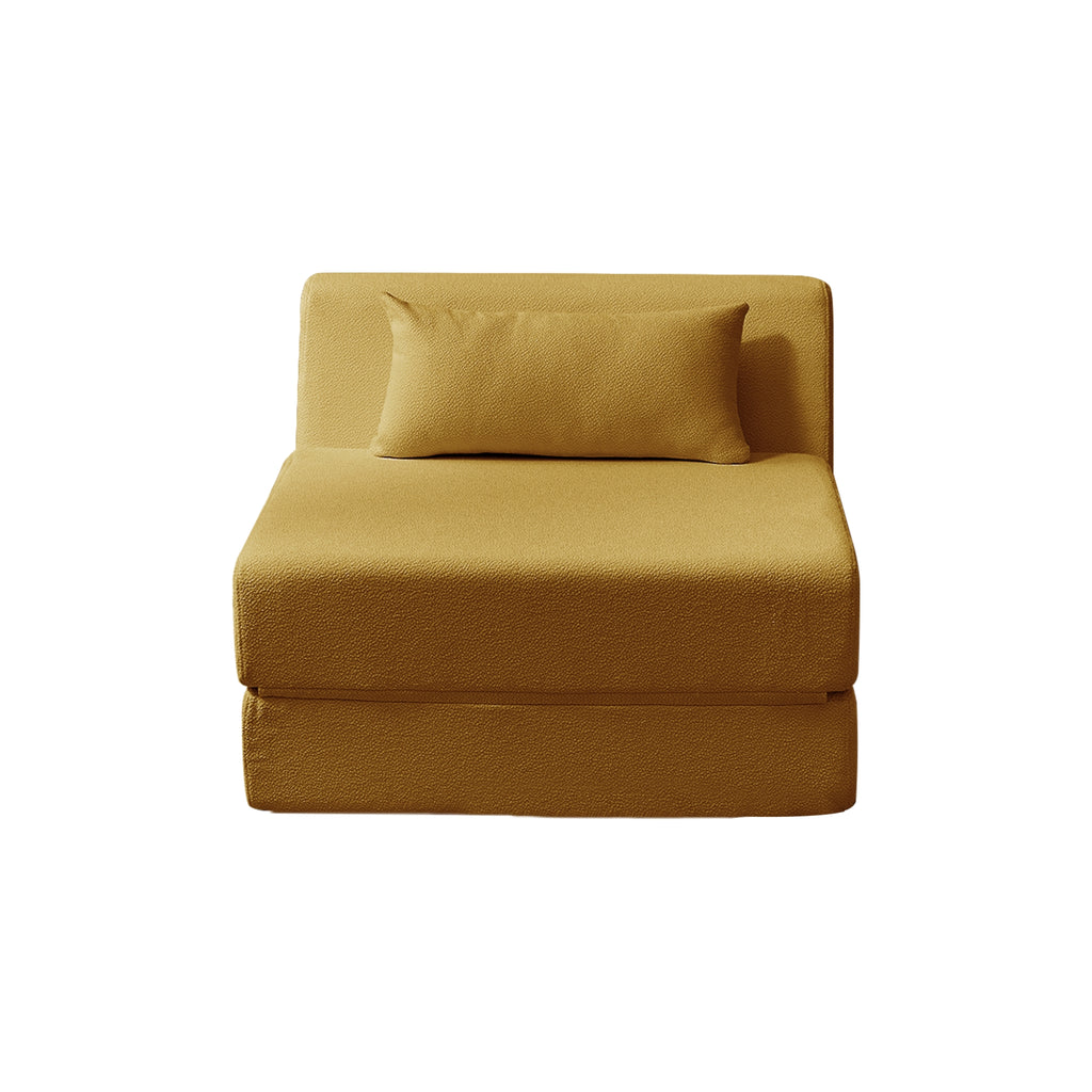 Saffron yellow sofa bed with a pillow on a white background