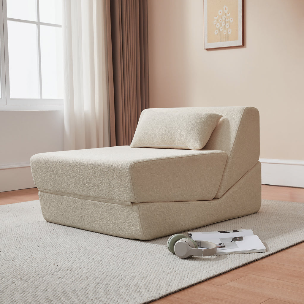 Shell sectional sofa in a living room setting with a window and curtains.