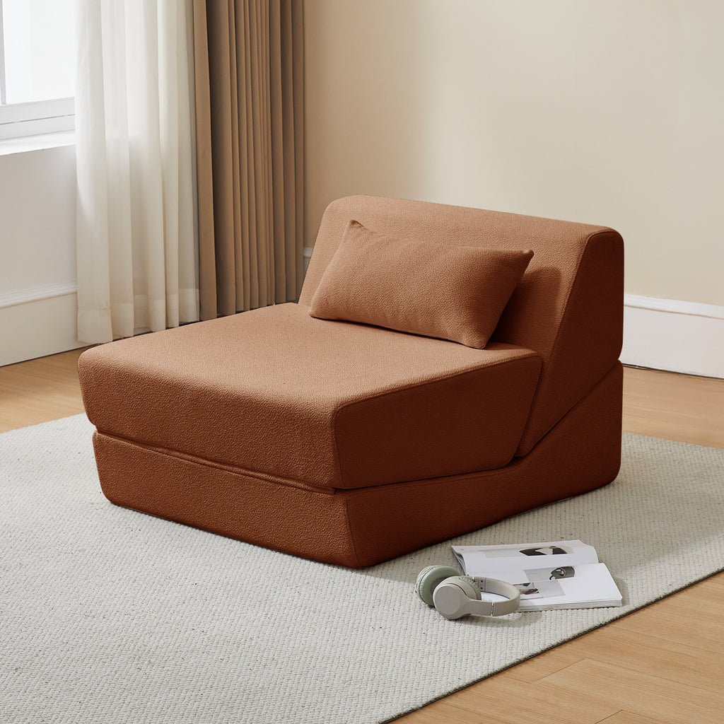 Terracotta armchair is in a room with curtains and a rug