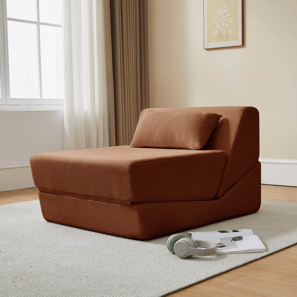 Terracotta modular sofa in a room with a window and curtains.