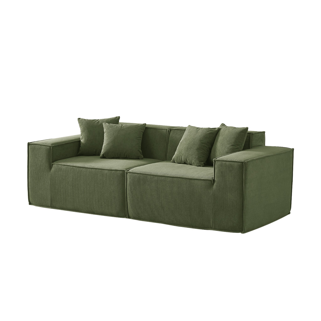 Olive sofa with four cushions on a white background