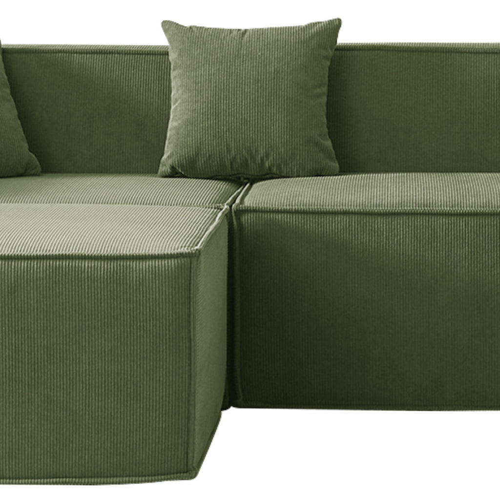 Olive sectional sofa with a pillow on a white background