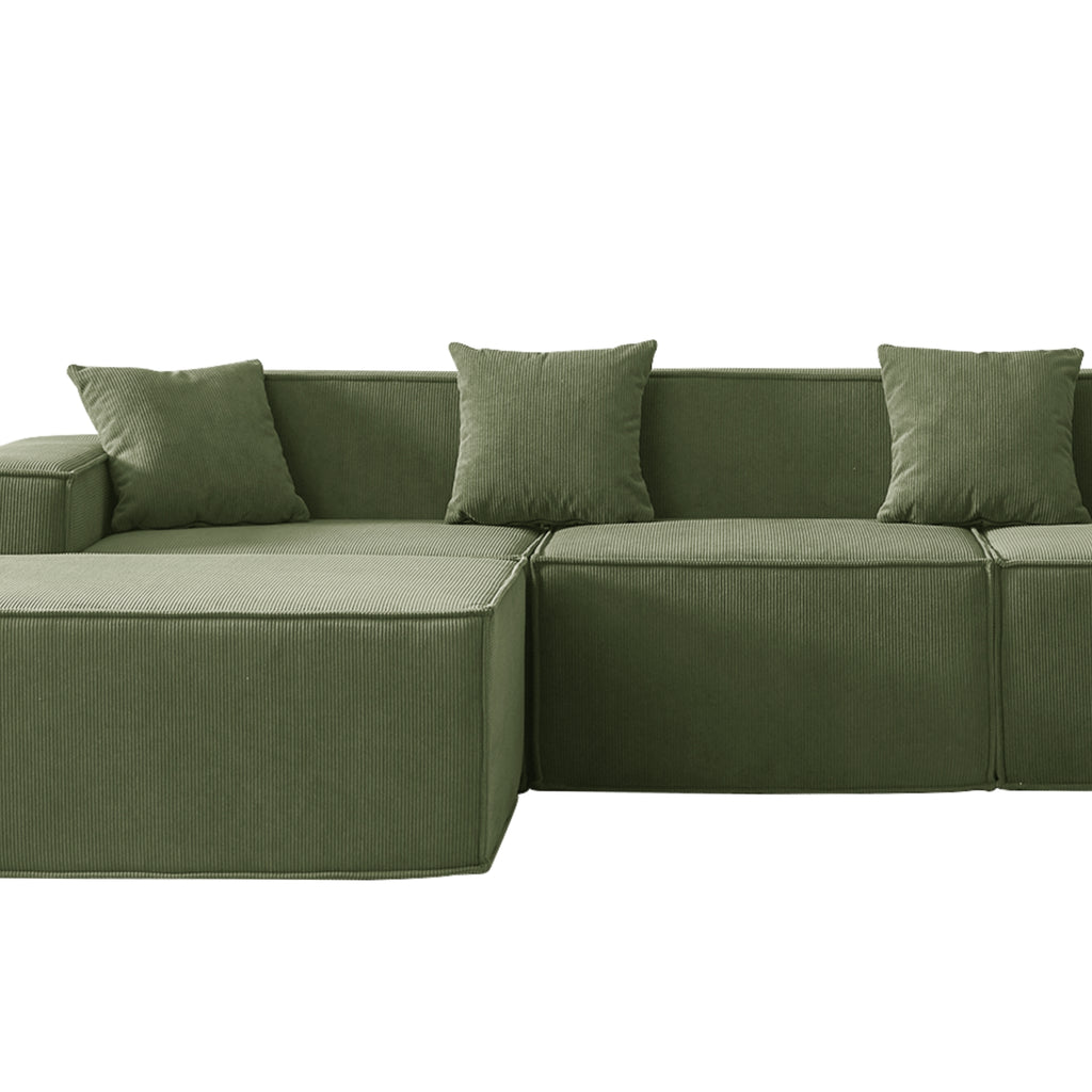 Olive sectional sofa with cushions on a white background