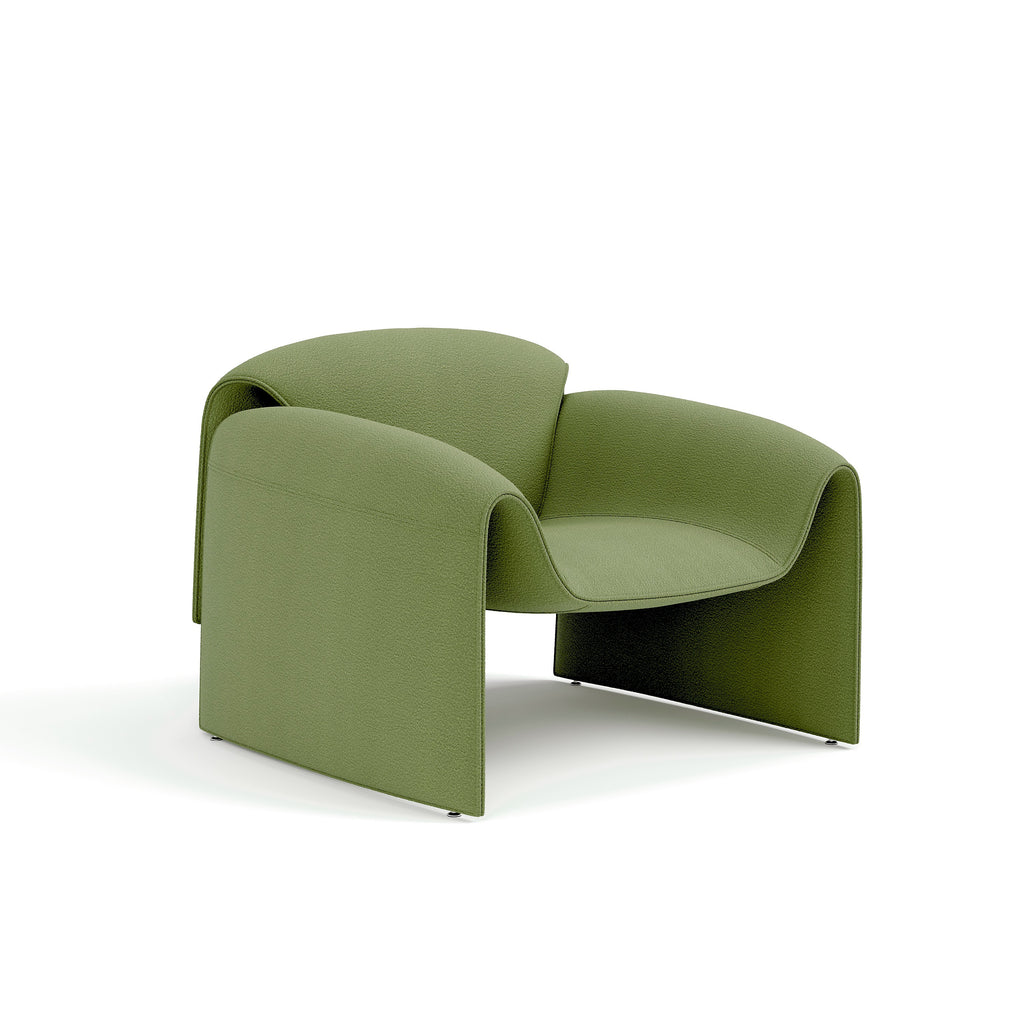 A green Naomi Armchair with a textured boucle fabric, displayed against a white background.