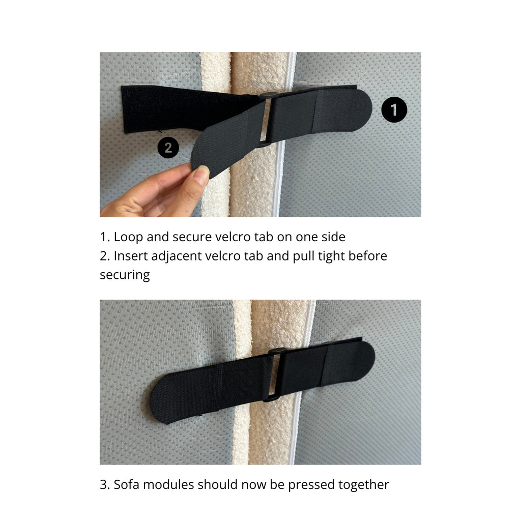 Black velcro tab being used to secure a sofa module with text instructions on how to use it.