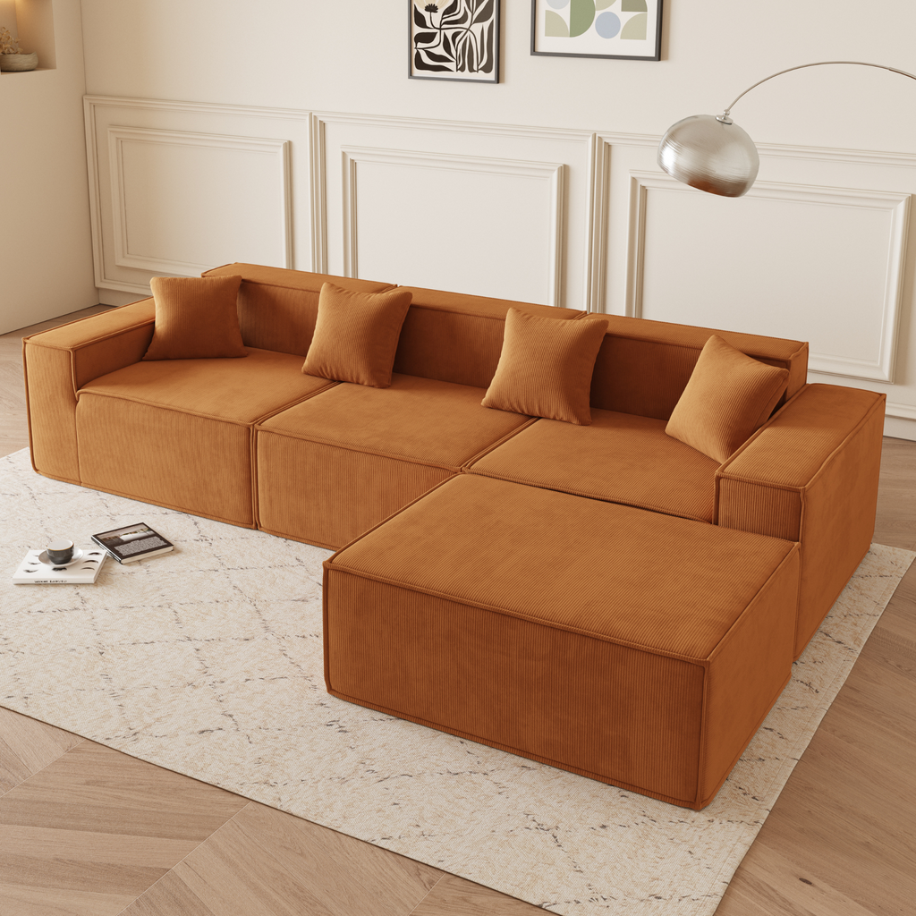 Tribeca 3 Seater Corduroy Sofa with Ottoman are on a light carpet in a modern room 