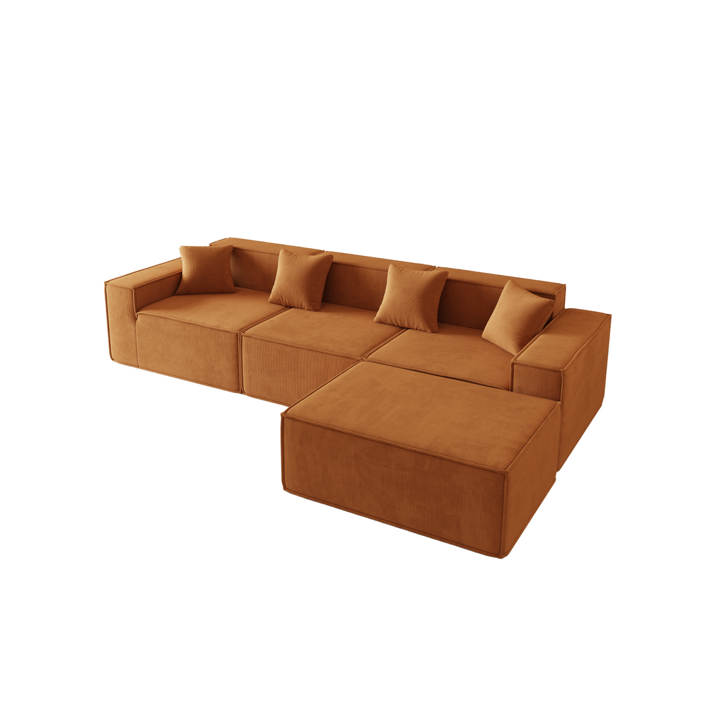 A terracotta coloured three-seater corduroy sofa with an ottoman, featuring a modern, low-profile design with plush cushions and a secure, anti-slip base.