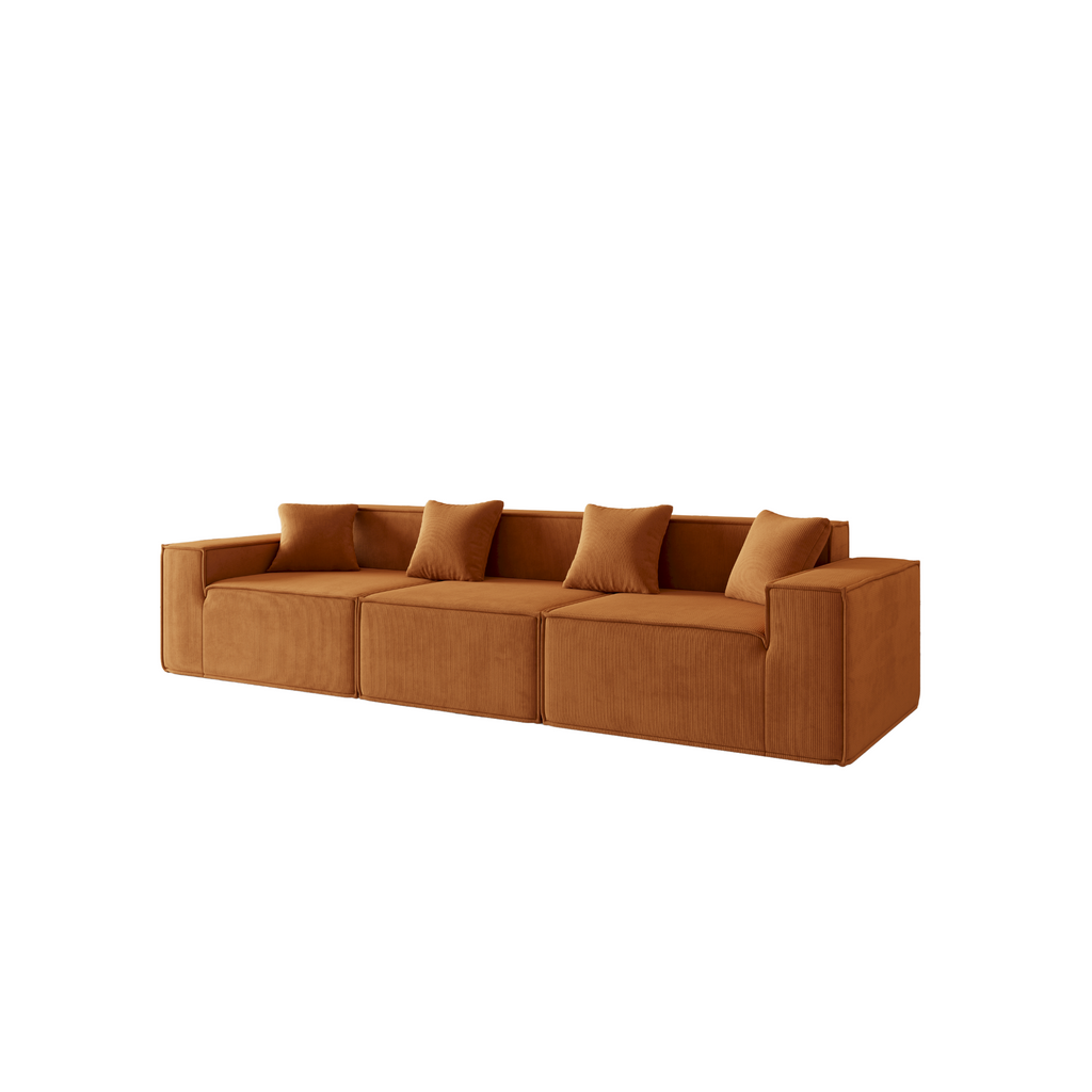 Tribeca three-seater corduroy sofa in terracotta colour on a white background