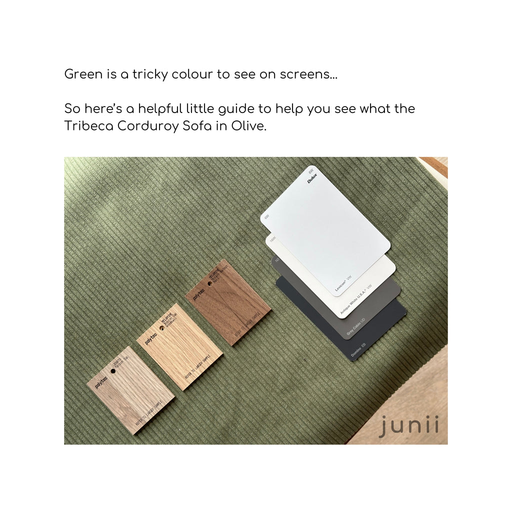 Colour swatches on a green surface with text about Tribeca Corduroy Sofa in Olive by Junii.
