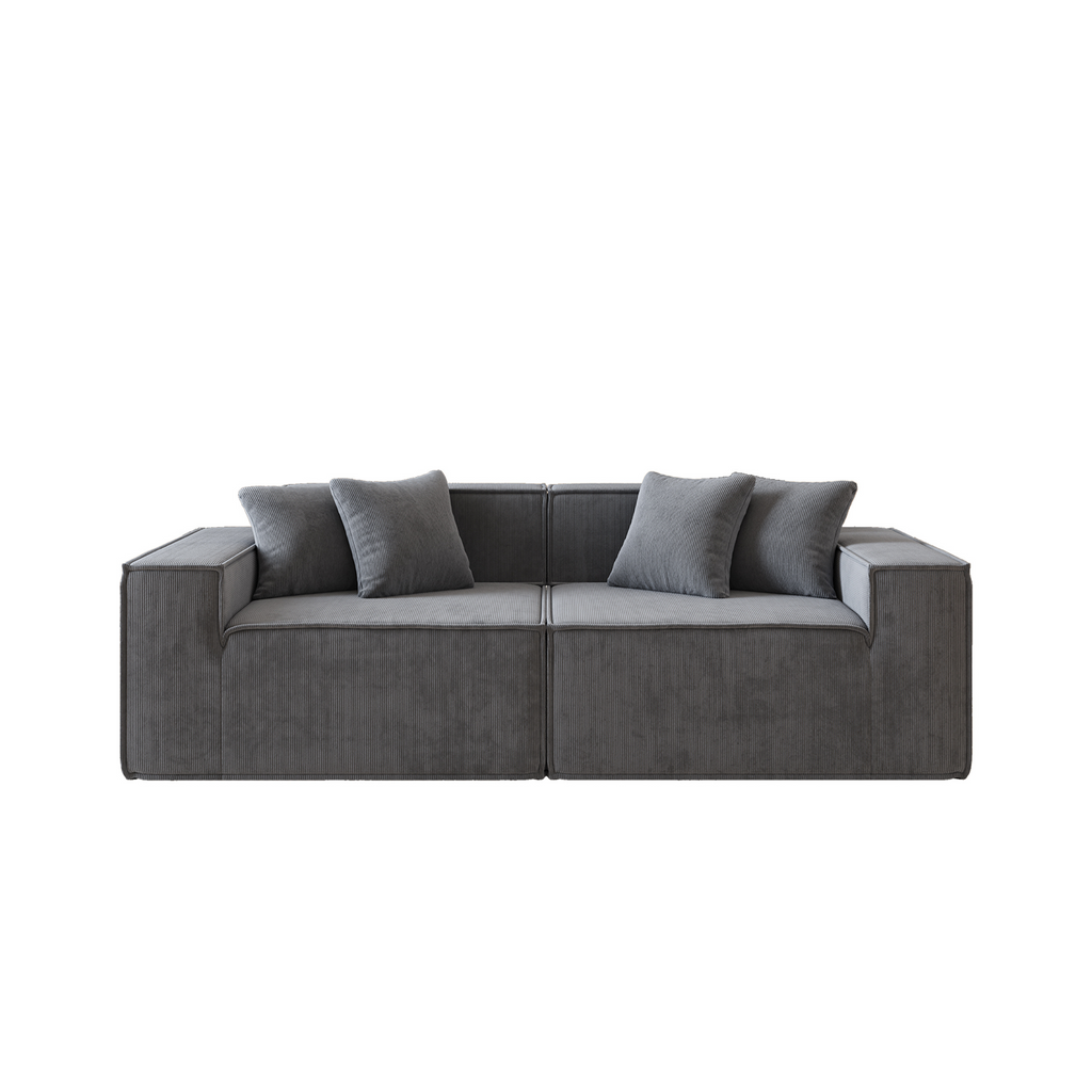 A slate grey corduroy two-seater sofa with plush cushions and a contemporary design.