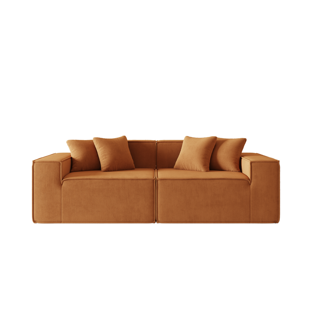 A terracotta colored two-seater corduroy sofa with plush cushions and a contemporary design.